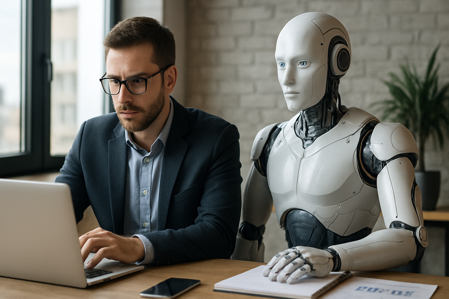 A man in a suit and glasses works intently on a laptop, while a humanoid robot sits beside him at a wooden desk in a modern office.