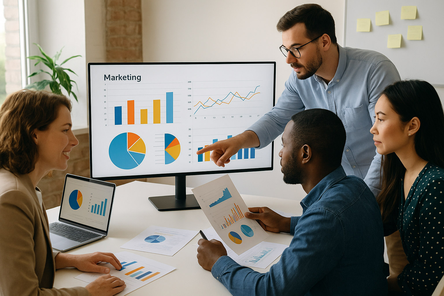 Four professionals engage in a meeting, analyzing colorful charts on a large screen and papers, discussing marketing data trends.
