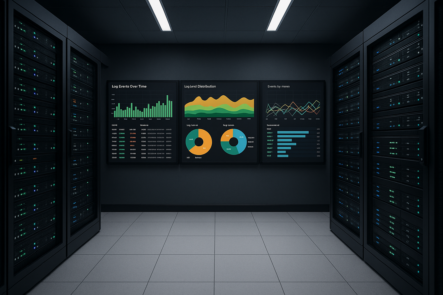A sleek server room with rows of black servers on each side. Three digital screens display colorful data visualizations and charts.
