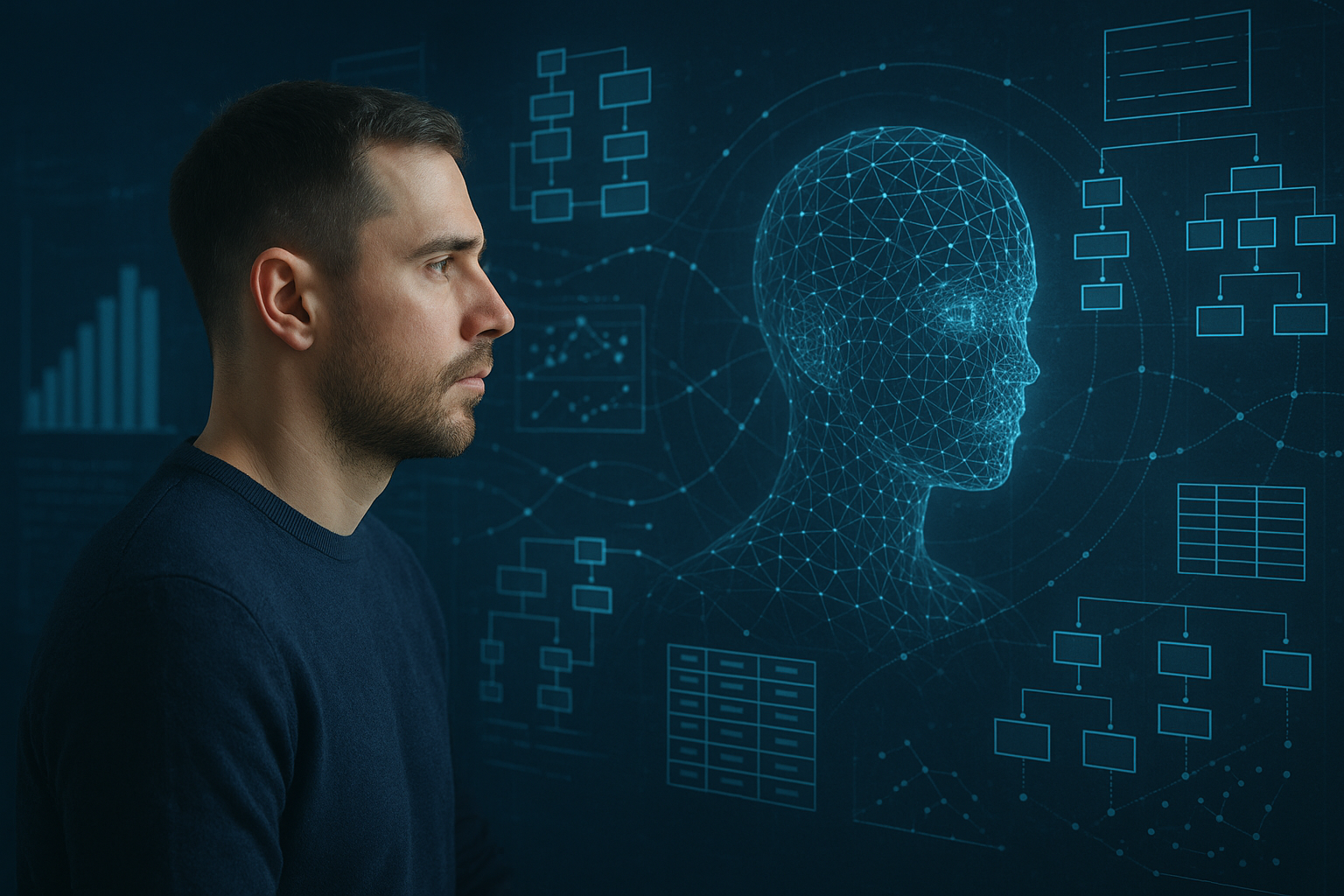 A man looks at a digital interface featuring a wireframe human head and various flowcharts and graphs, symbolizing technology and data analysis.