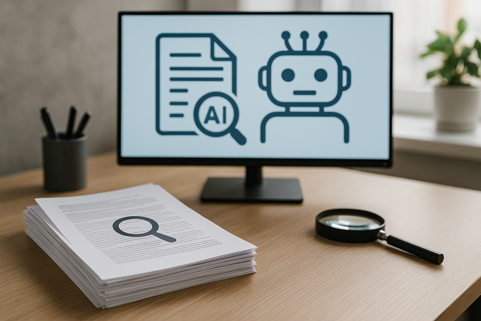 A computer monitor displays AI icons, including a document with a magnifying glass and a robot, on a desk with papers and a magnifying glass.