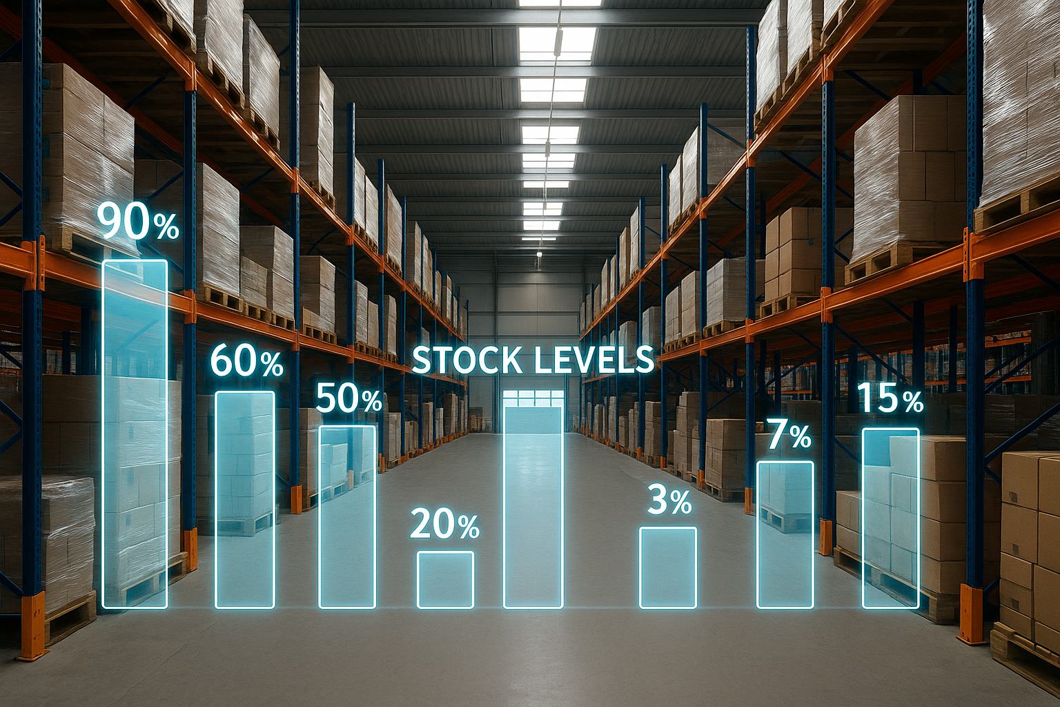 A warehouse aisle lined with stacked boxes and shelves displays holographic bar graphs indicating stock levels from 3% to 90%.