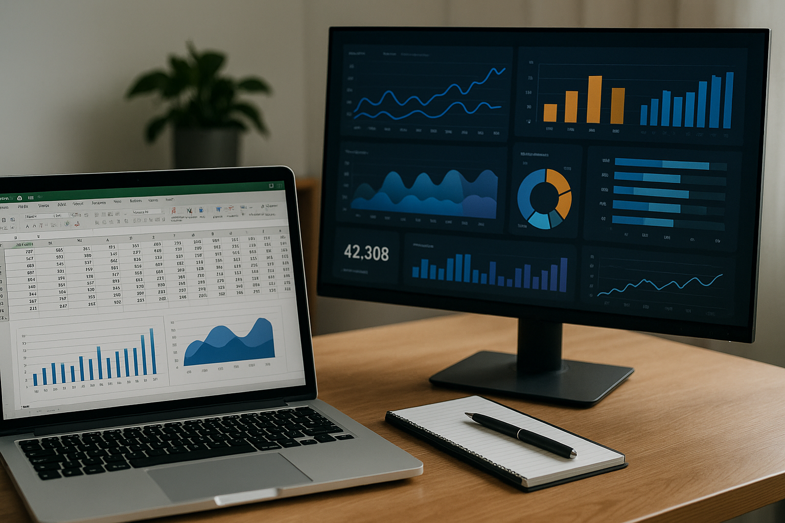 A laptop and monitor display various charts and graphs with a focus on data analytics. A notebook and pen rest on the wooden desk.