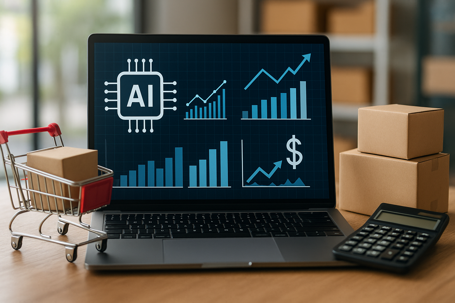 A laptop displaying AI analytics and graphs sits on a wooden table, surrounded by a miniature shopping cart with boxes and a calculator.