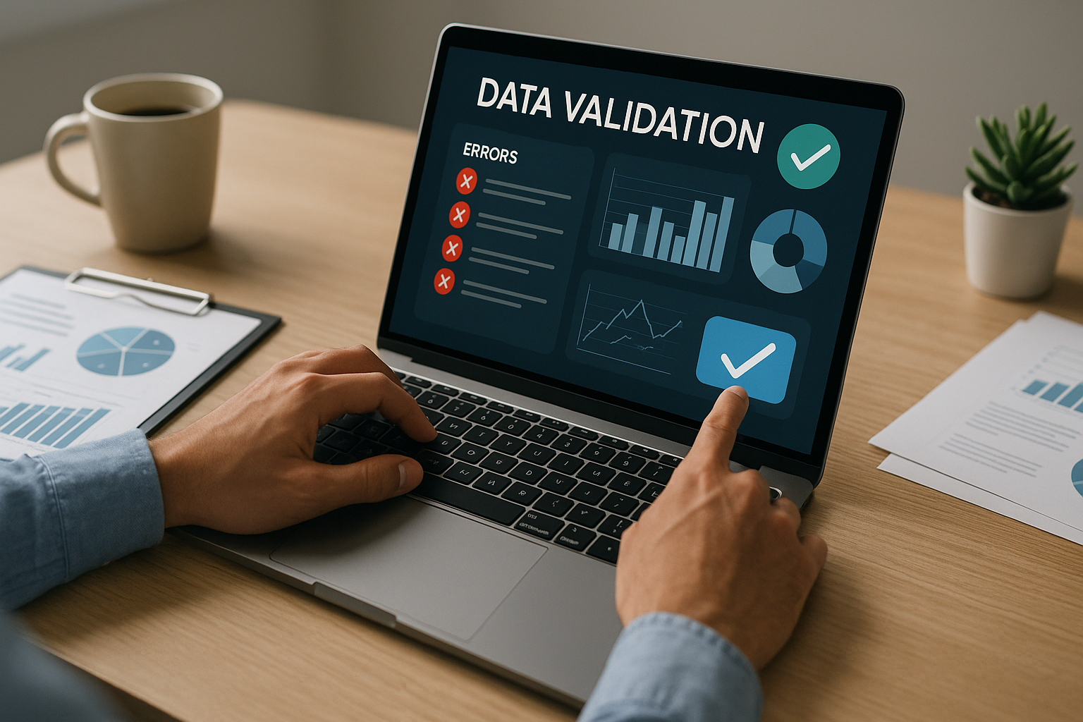 Hands use a laptop displaying a data validation screen with charts and error indicators. A clipboard, coffee cup, and papers are nearby.