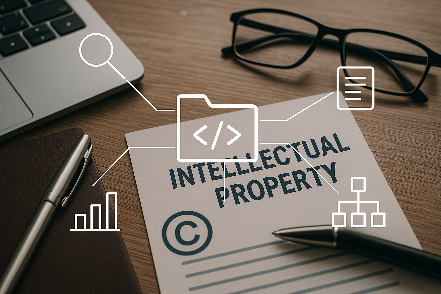 A document titled "Intellectual Property" with overlay icons symbolizing coding, data analysis, and connectivity is on a desk with glasses and a pen.