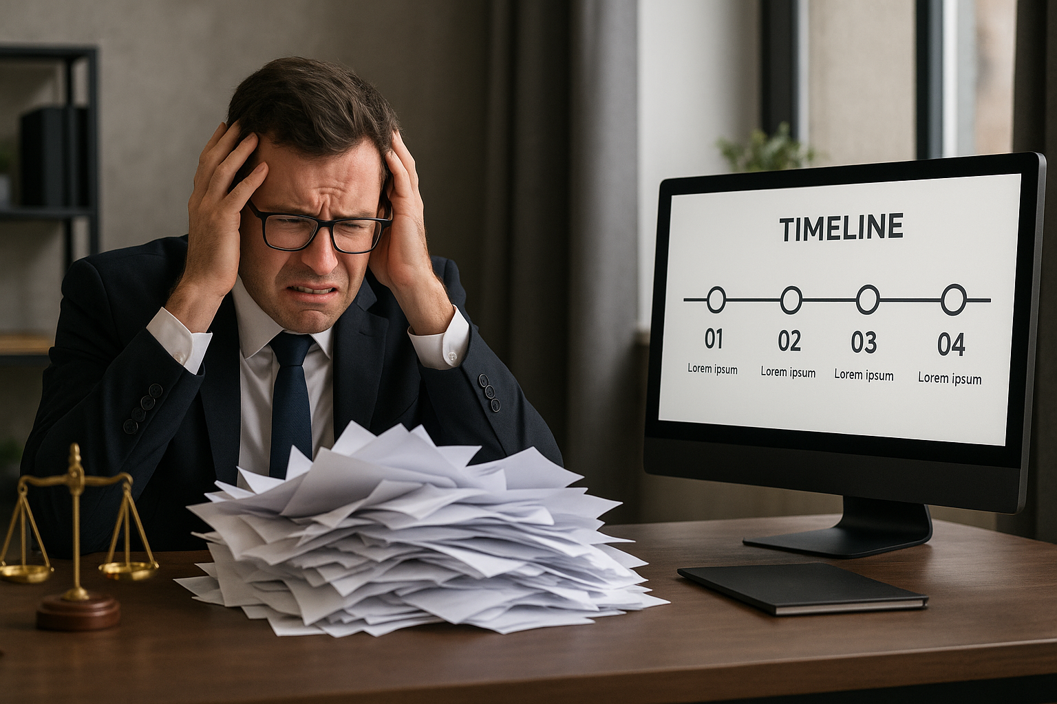 A distressed man in a suit grips his head, sitting at a desk cluttered with papers. A computer screen displays a timeline with four steps.