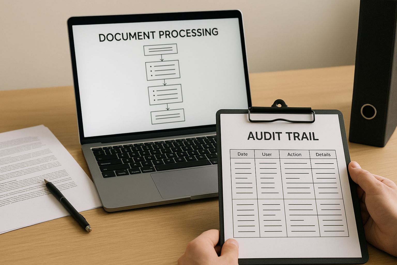 A person holds a clipboard with an audit trail form beside a laptop displaying a document processing flowchart. A pen and document lie nearby.