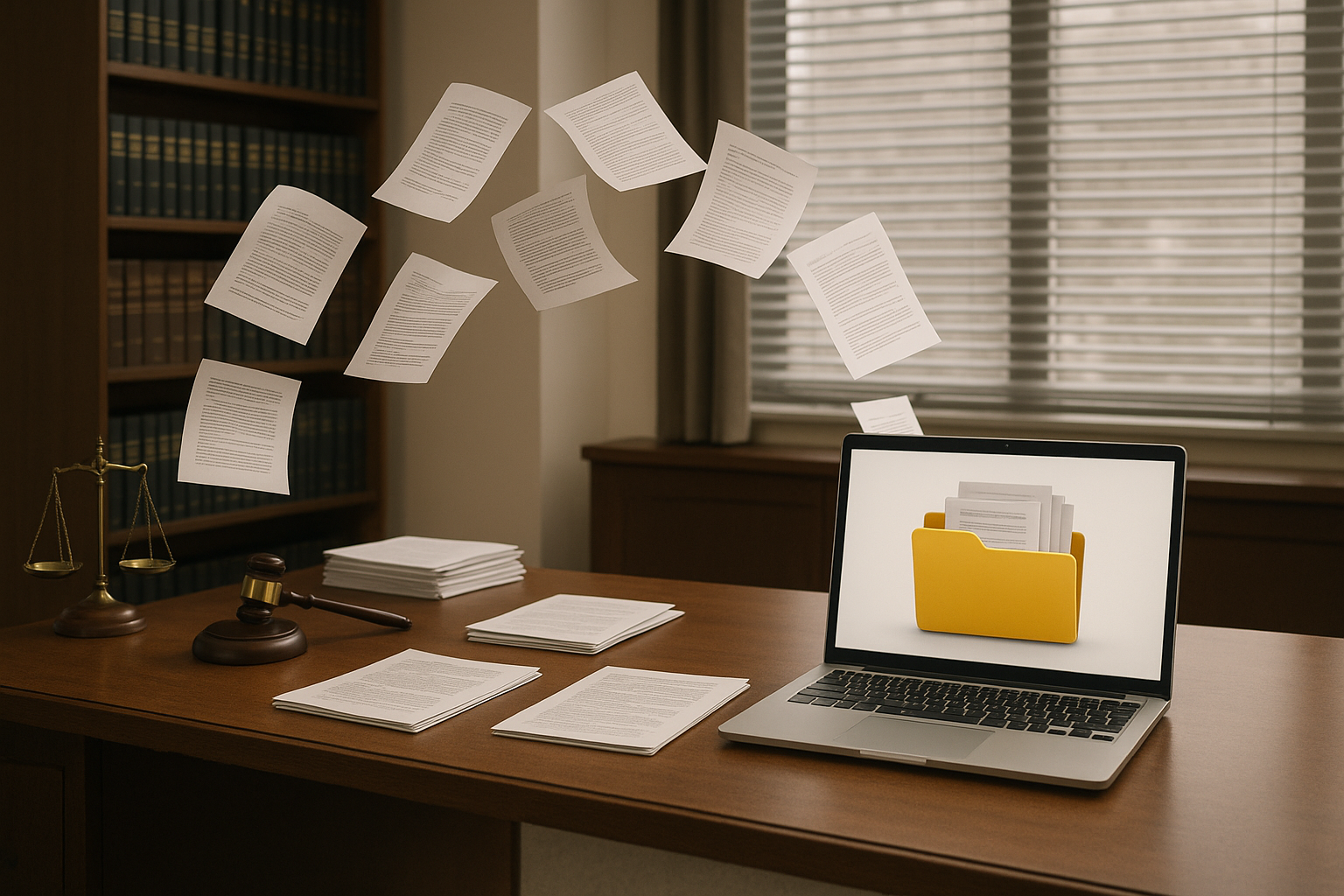 Documents float in the air above a wooden desk, adorned with a gavel and scales, near a laptop displaying a digital folder.