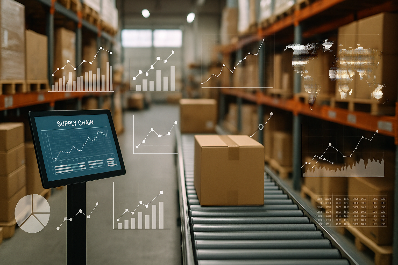 A conveyor belt in a warehouse transports a cardboard box, flanked by digital graphs and charts on a supply chain screen, illustrating analytics.