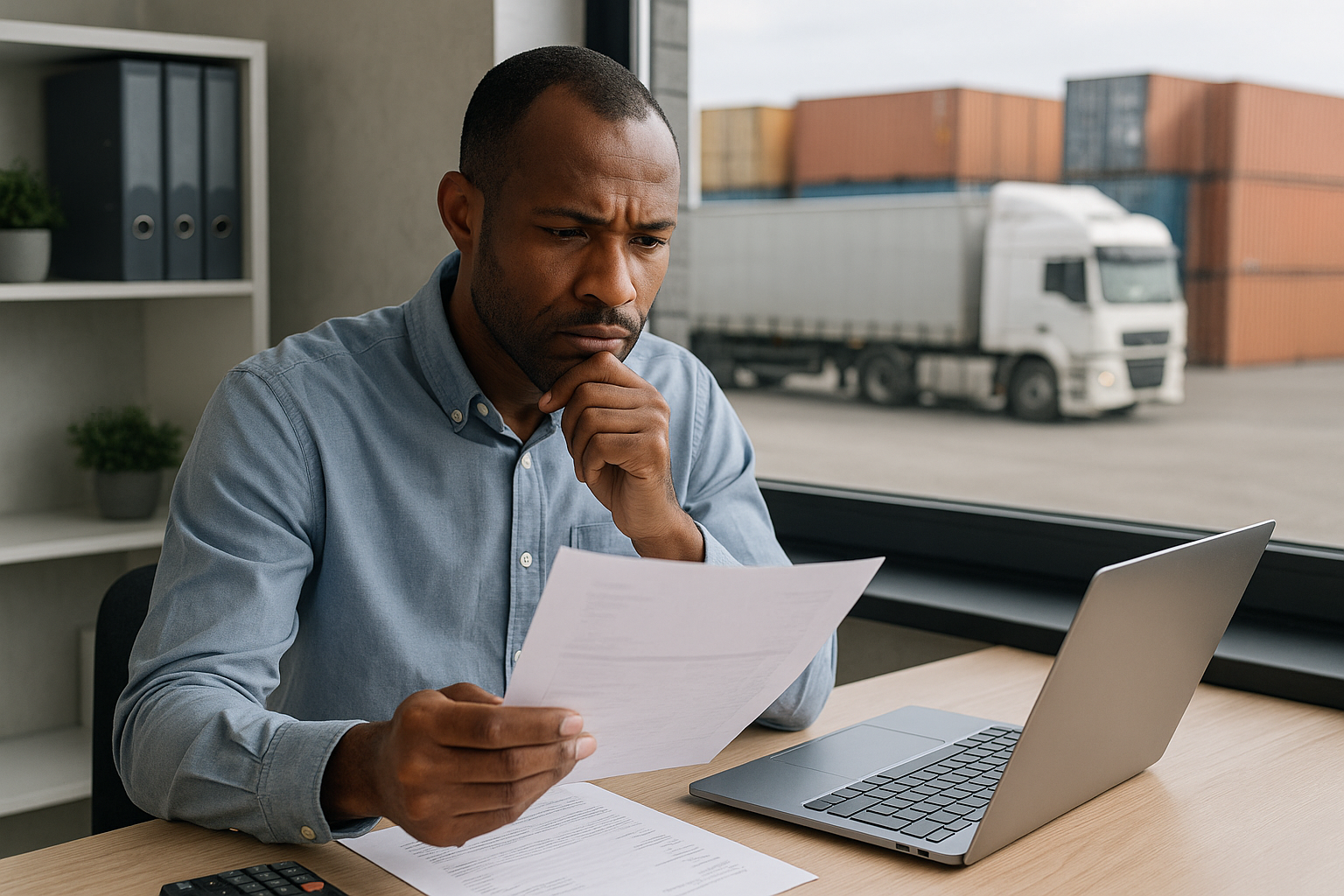 A man in a blue shirt reviews a document with a thoughtful expression at a desk. Behind him, a truck and shipping containers are visible.