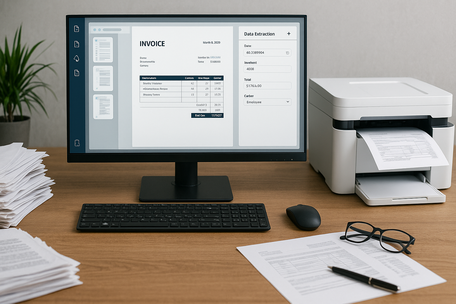 A desk features a computer displaying an invoice next to a printer, with printed documents stacked beside it. Glasses and papers lie nearby.