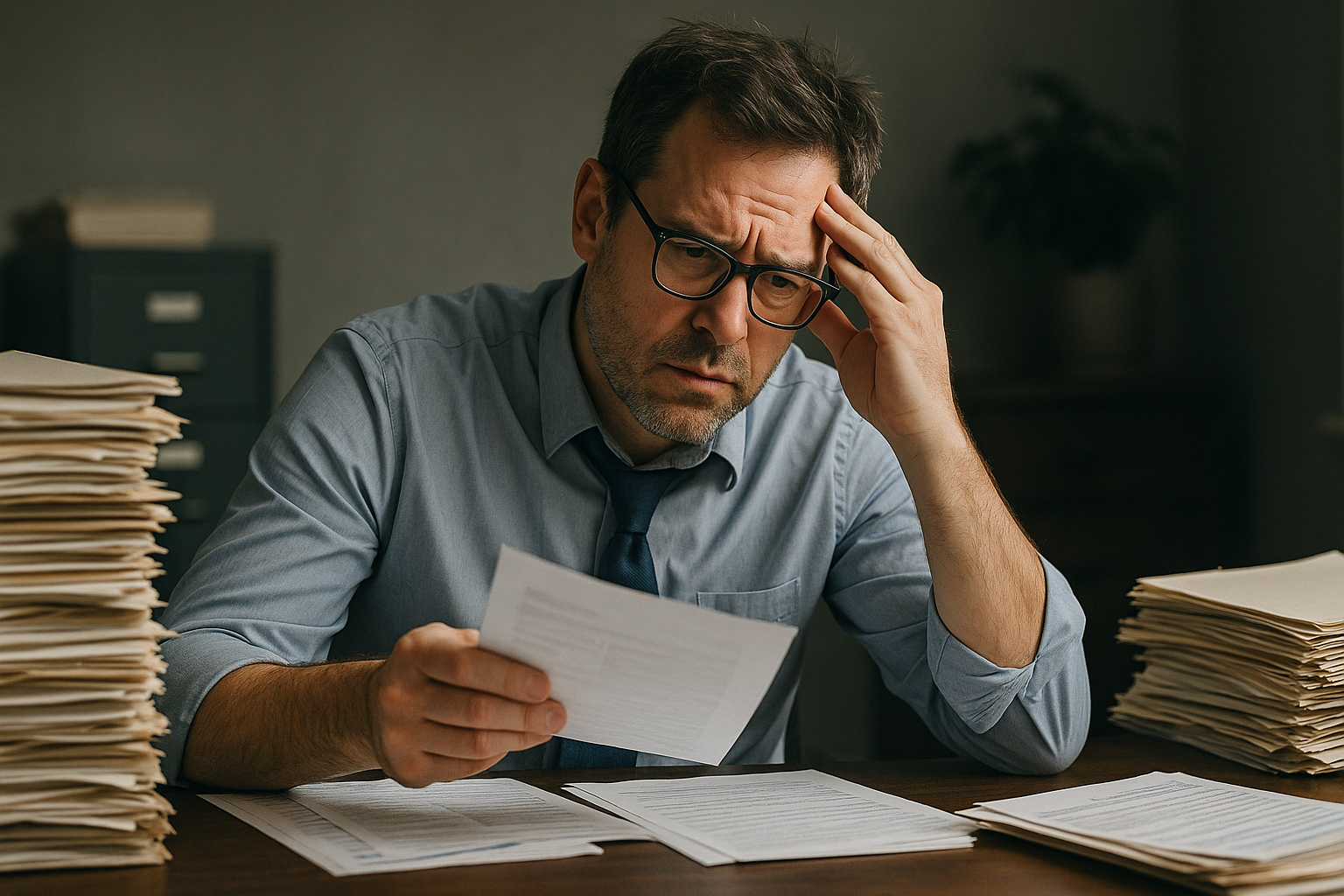 A man in a blue shirt and glasses looks stressed while reviewing a document. He sits at a desk cluttered with large stacks of papers.