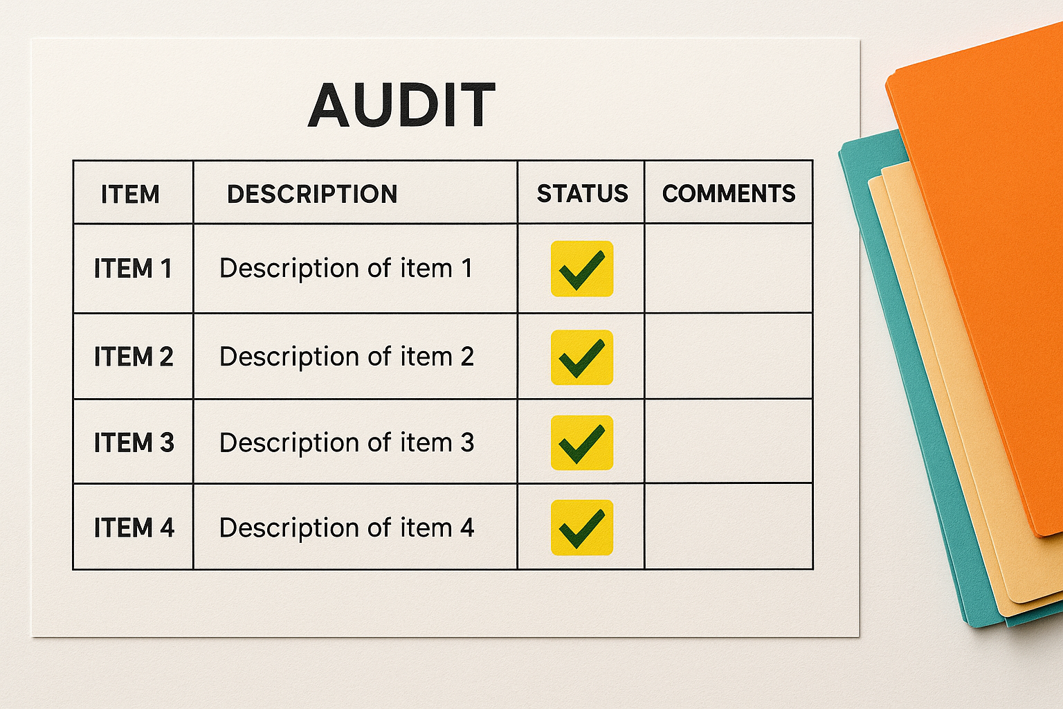 An audit table lists four items with descriptions, each marked with a yellow check in the status column. Colored folders lie beside the table.