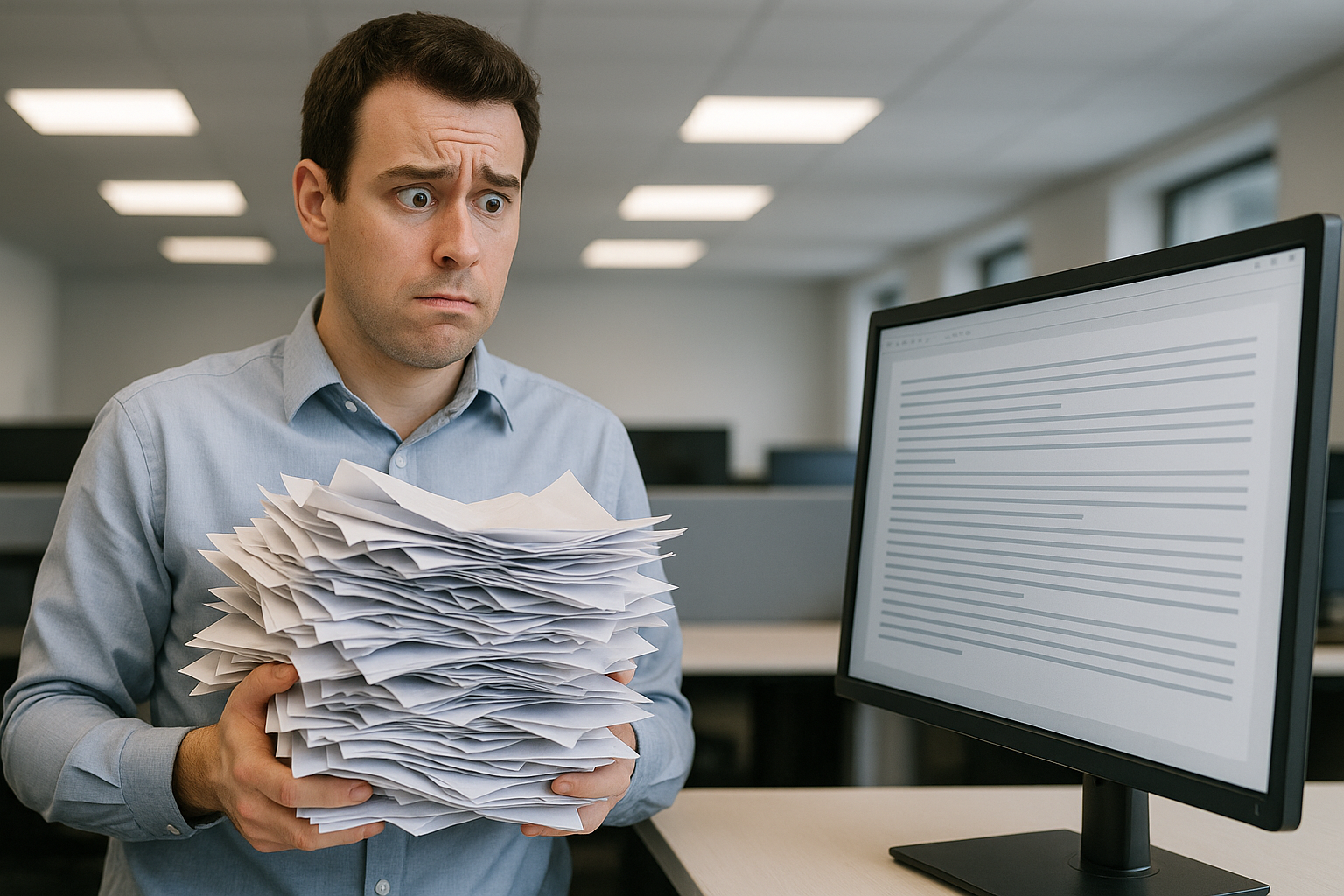 A man, looking stressed, holds a large stack of papers next to a computer monitor displaying lines of text in an office setting.