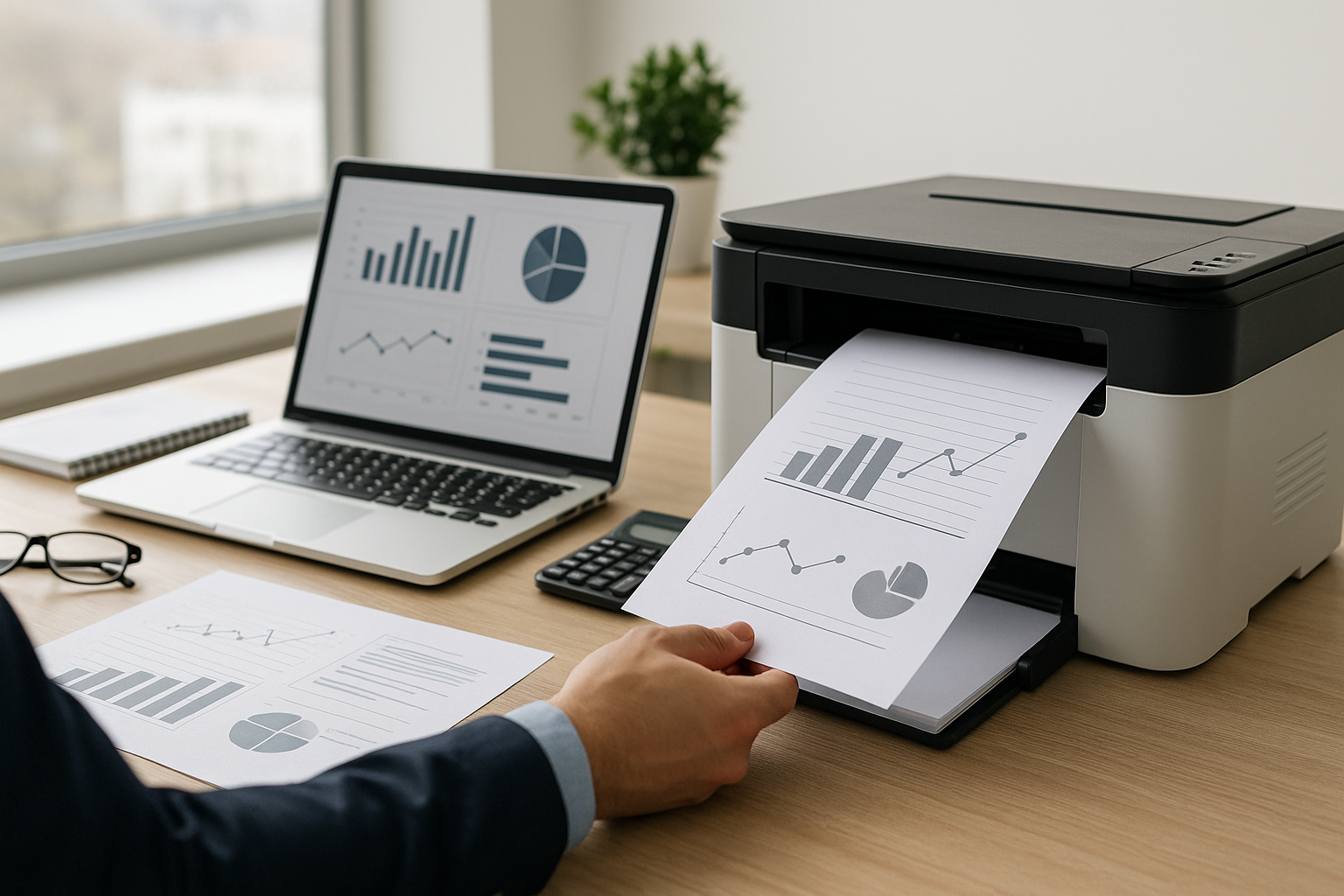 A person removes a printed sheet with charts from a printer, beside a laptop displaying graphs, on a wooden desk with decorative items.