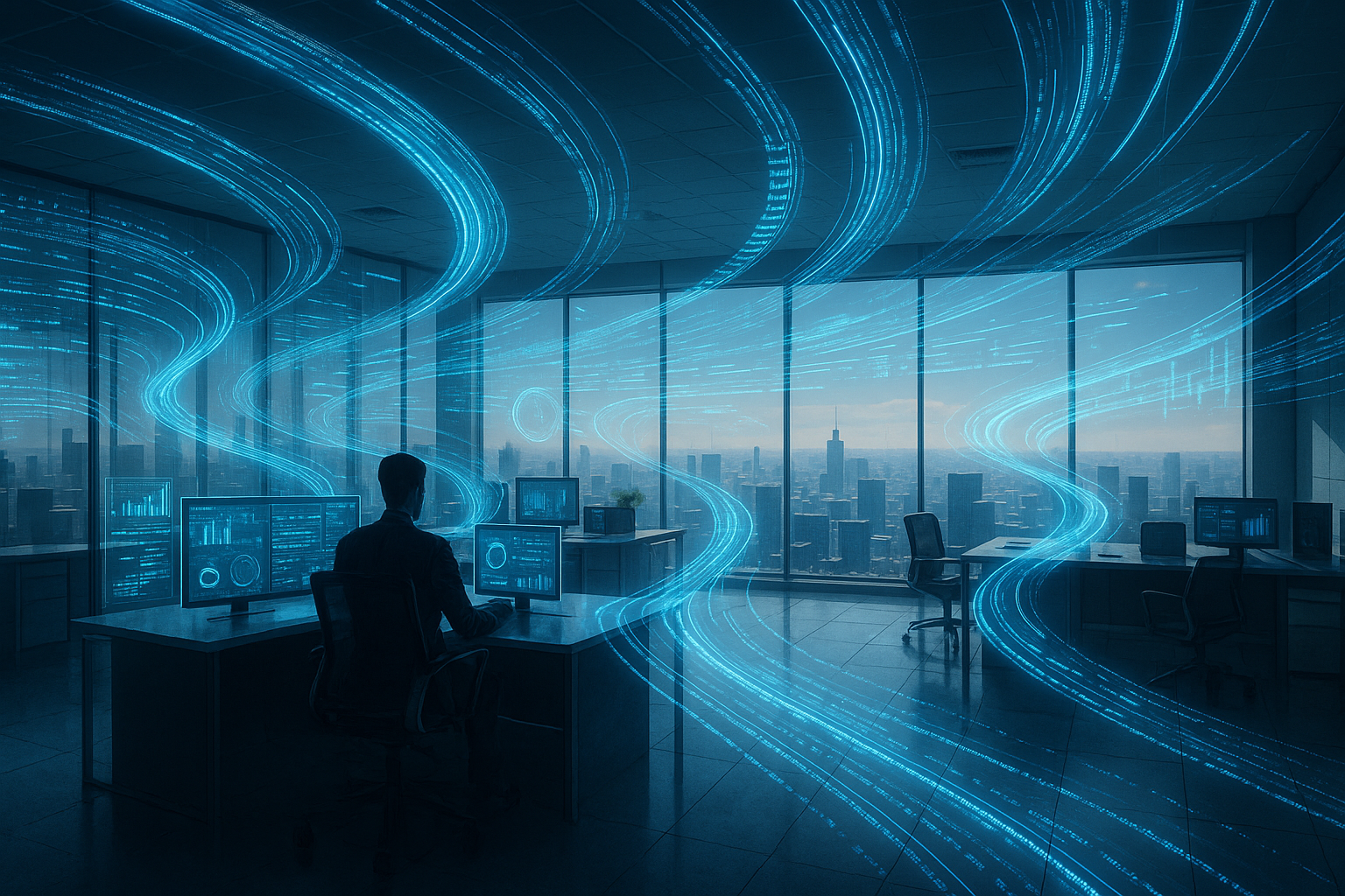 A person sits in a modern office filled with digital screens, overlooking a city skyline. Blue data streams flow dynamically through the space.