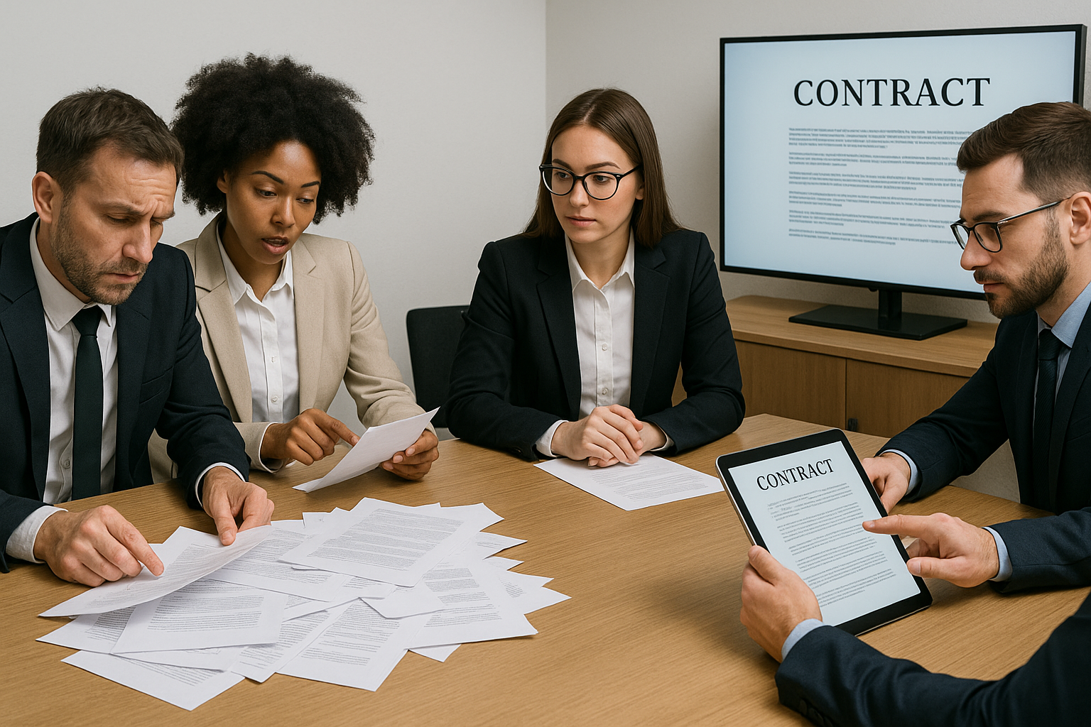 Four professionals in business attire review documents at a table, with a digital contract displayed on a tablet and a TV screen nearby.