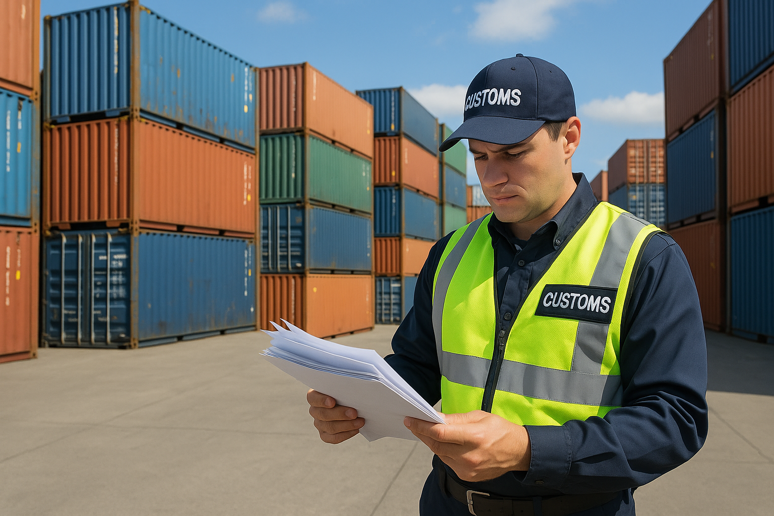 A customs officer wearing a high-visibility vest and cap reviews documents in a shipping yard, surrounded by stacked blue and orange containers.