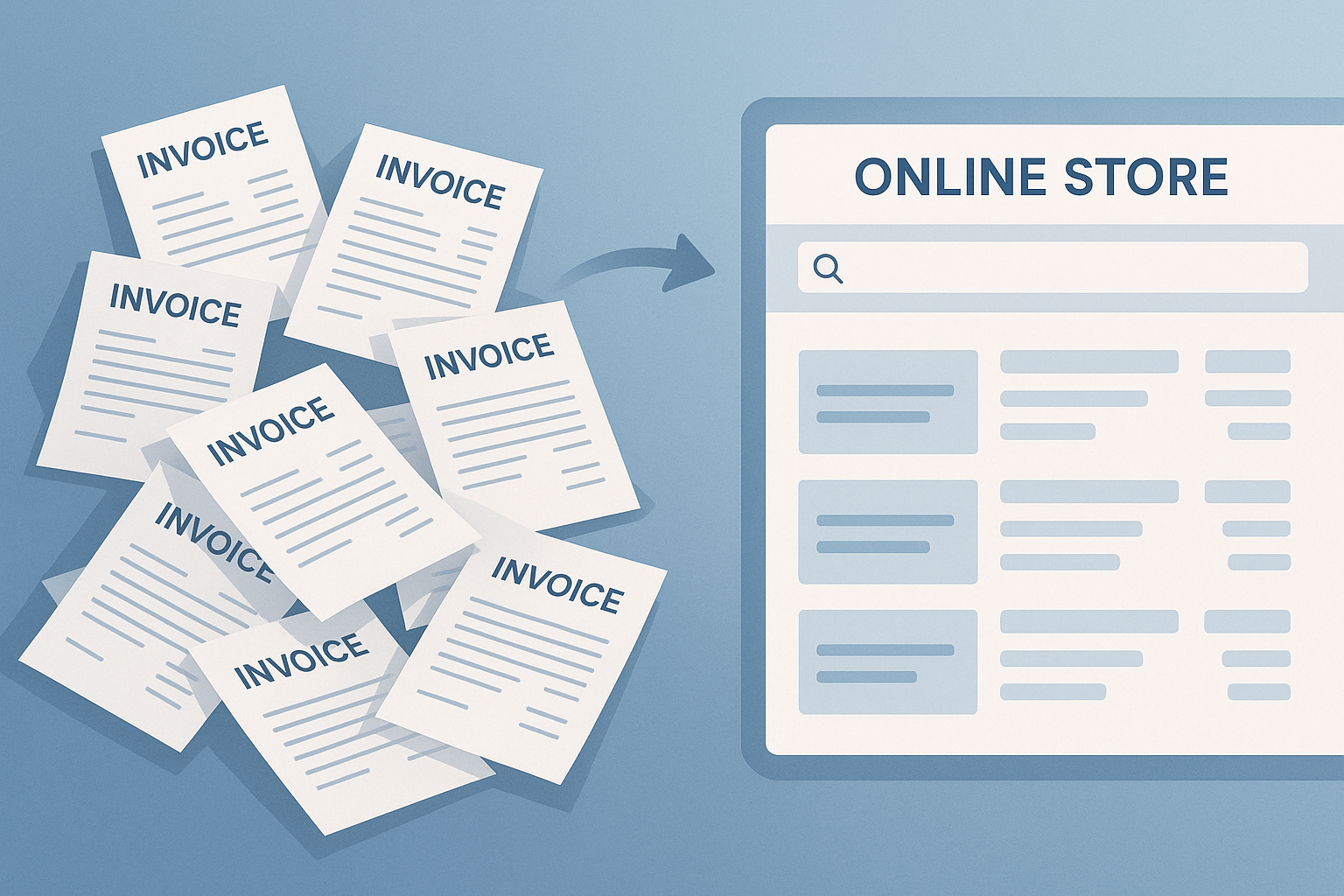 A stack of invoices is depicted next to an online store interface, indicating a digital filing or organization process involving e-commerce.