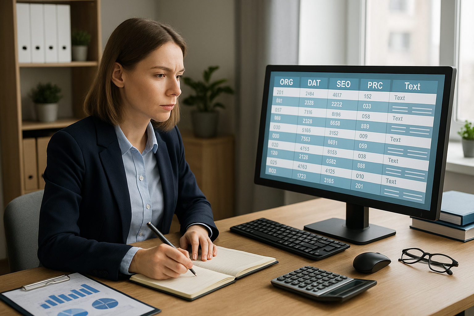 A focused businesswoman in a suit takes notes at a desk, analyzing data on a computer screen. A clipboard with graphs lies nearby.