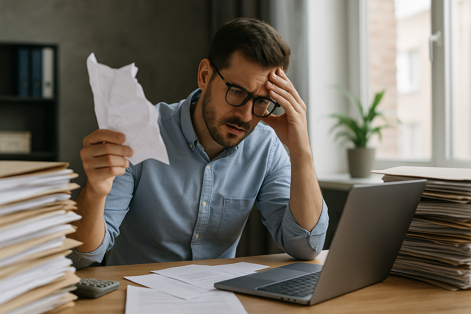 A stressed man in a blue shirt holds a crumpled paper while looking at a laptop, surrounded by stacks of documents and paperwork.