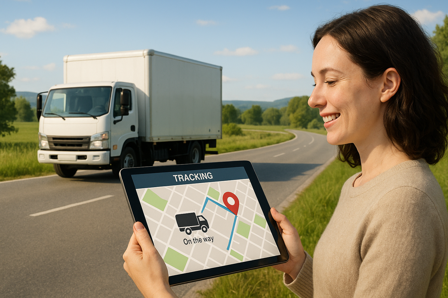 A woman stands smiling beside a rural road, holding a tablet displaying a tracking map with a red pin and a truck icon labeled "On the way."