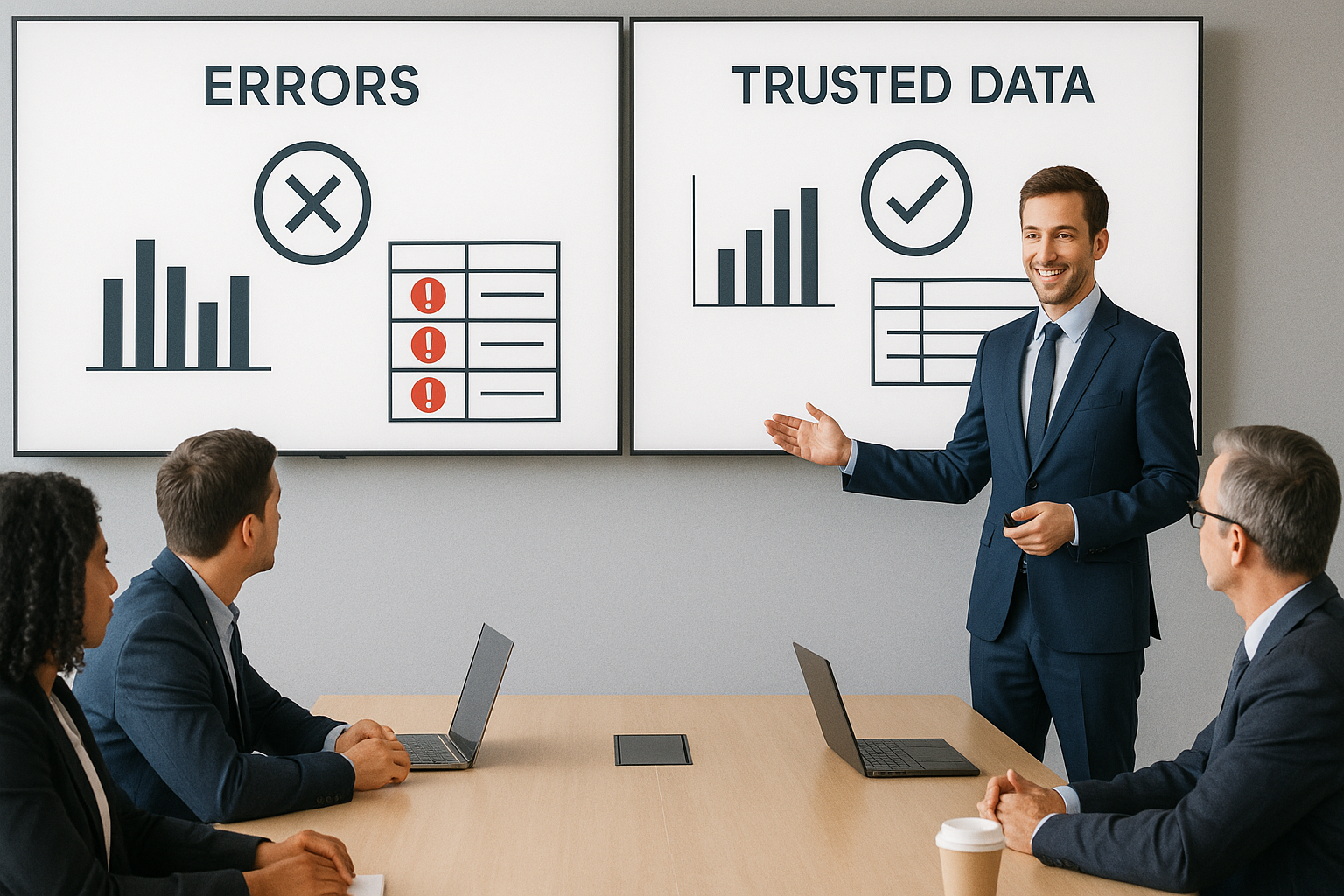 A man in a suit presents to three colleagues, showcasing side-by-side screens comparing data errors with trusted data, emphasizing accuracy.