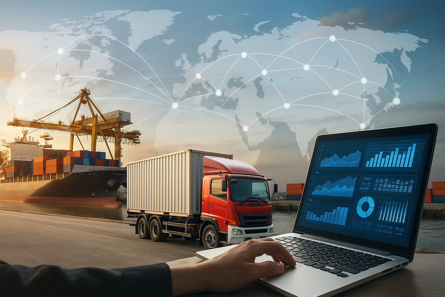 A cargo ship and truck are at a port with a laptop displaying analytics. A world map with network lines is overlaid in the sky.