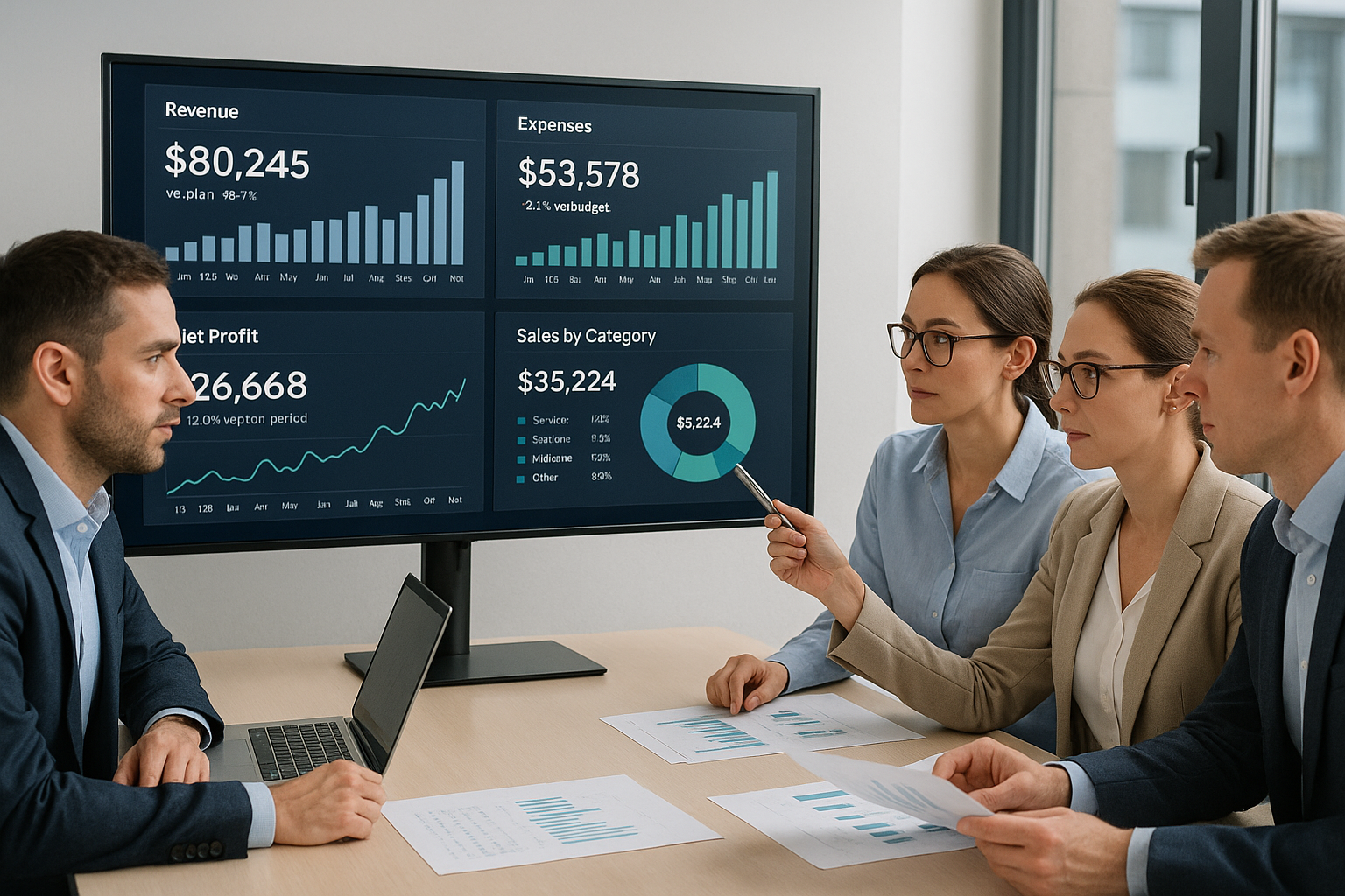 Four business professionals discuss financial graphs on a large screen, displaying revenue, expenses, net profit, and sales data.