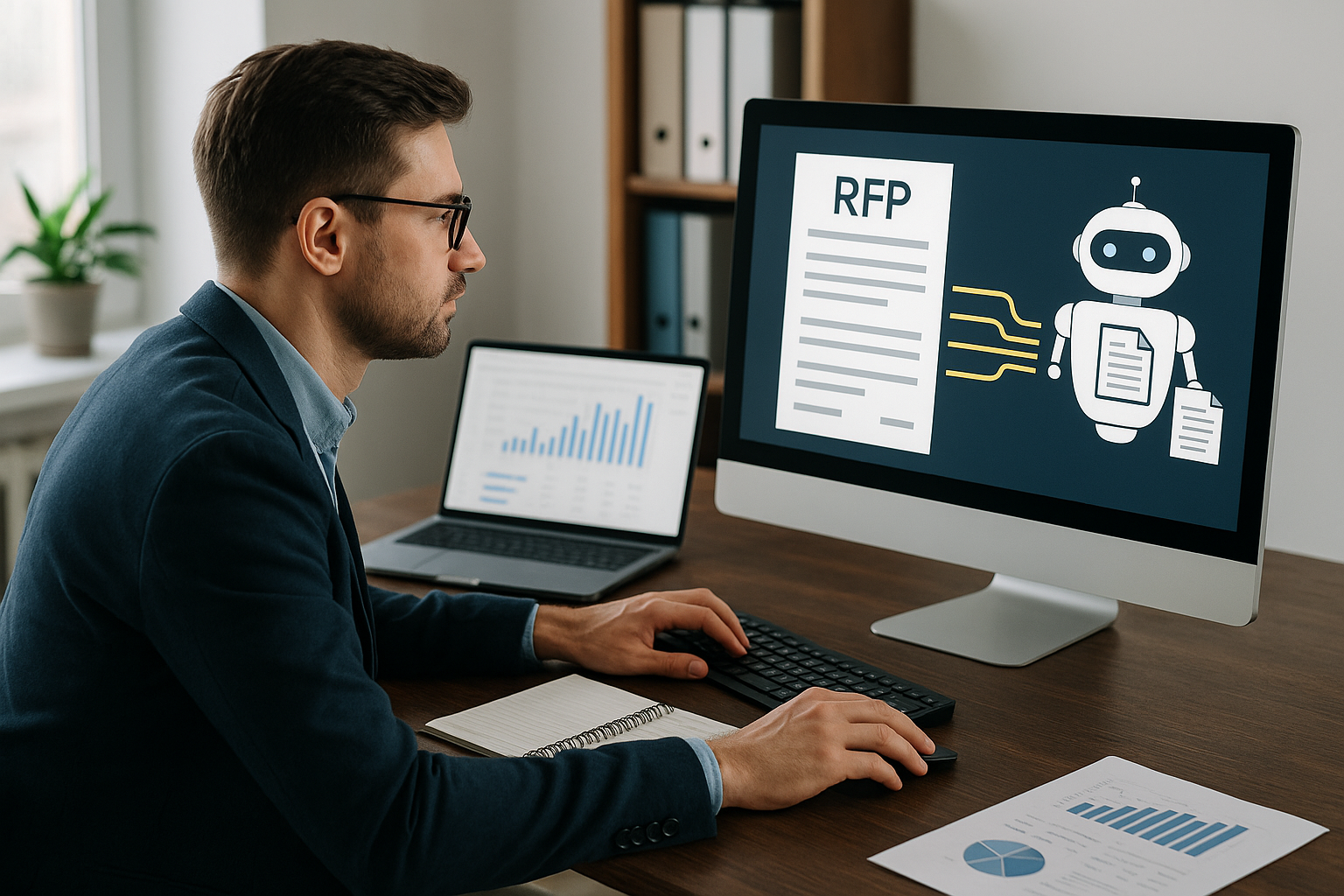 A man in a suit works on a computer displaying an RFP document with a robot icon. A laptop showing graphs and a notebook are nearby.