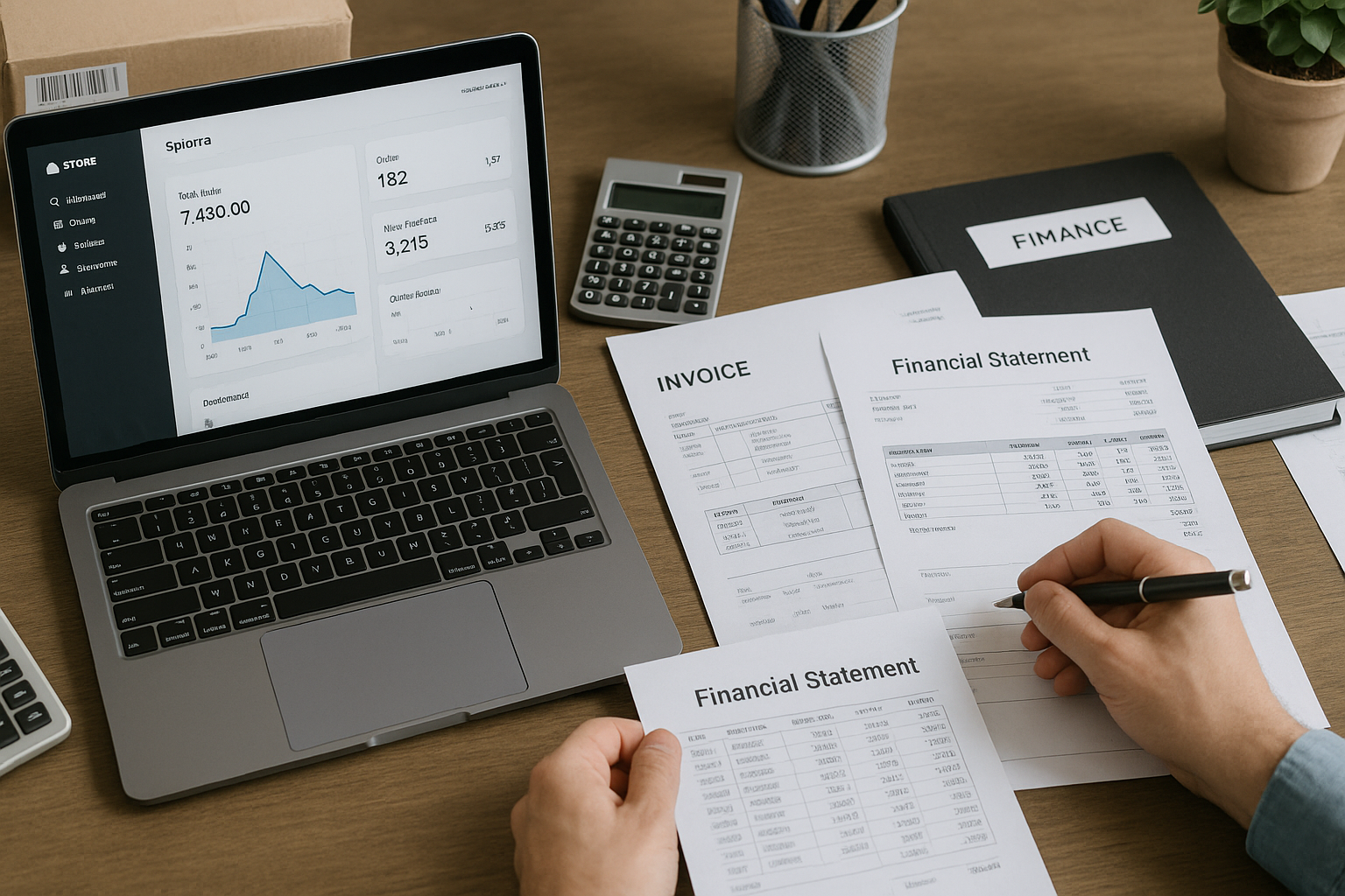 A person reviews financial statements and an invoice on a desk with a laptop displaying analytics, a calculator, and a finance folder.