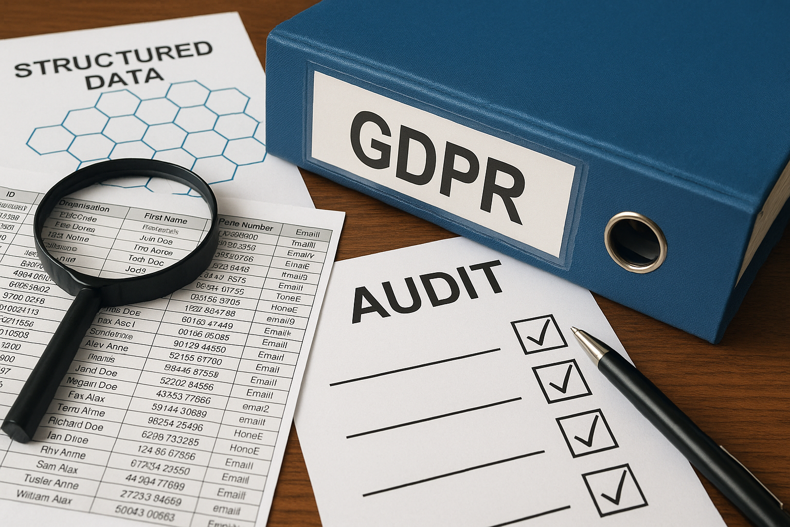 Magnifying glass on data sheet beside a blue GDPR binder, structured data report, and checklist marked "Audit," on a wooden desk.