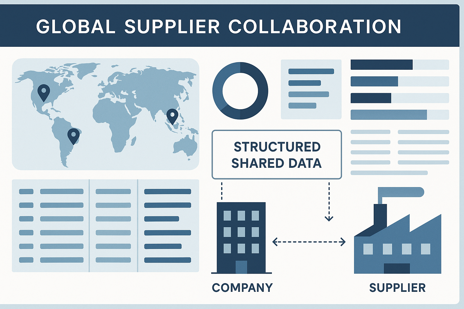 Illustration depicting global supplier collaboration with a world map, data charts, and icons of a company and supplier exchanging structured data.