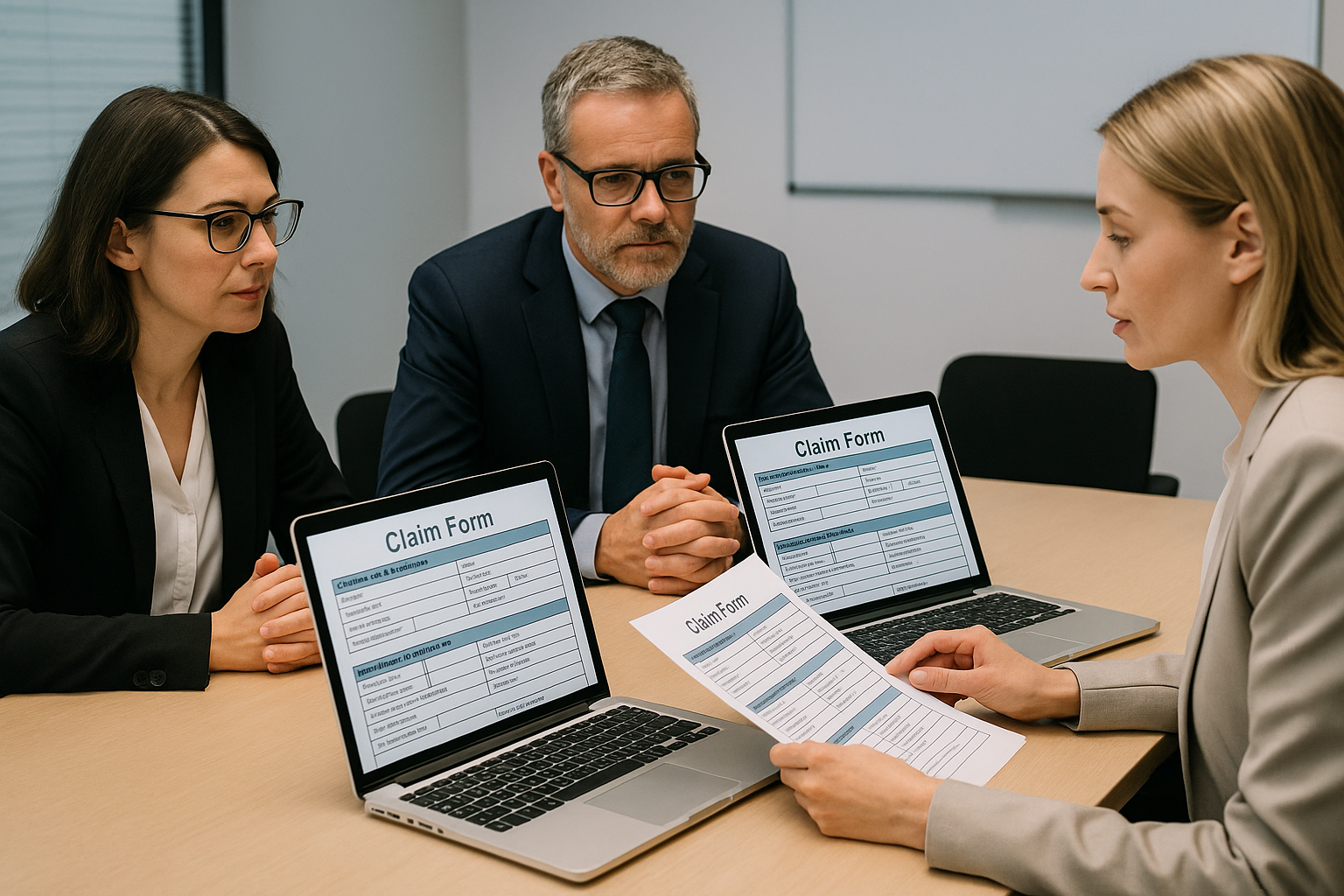 Three professionals in a meeting room reviewing claim forms on laptops and paper. They appear focused, wearing formal attire.