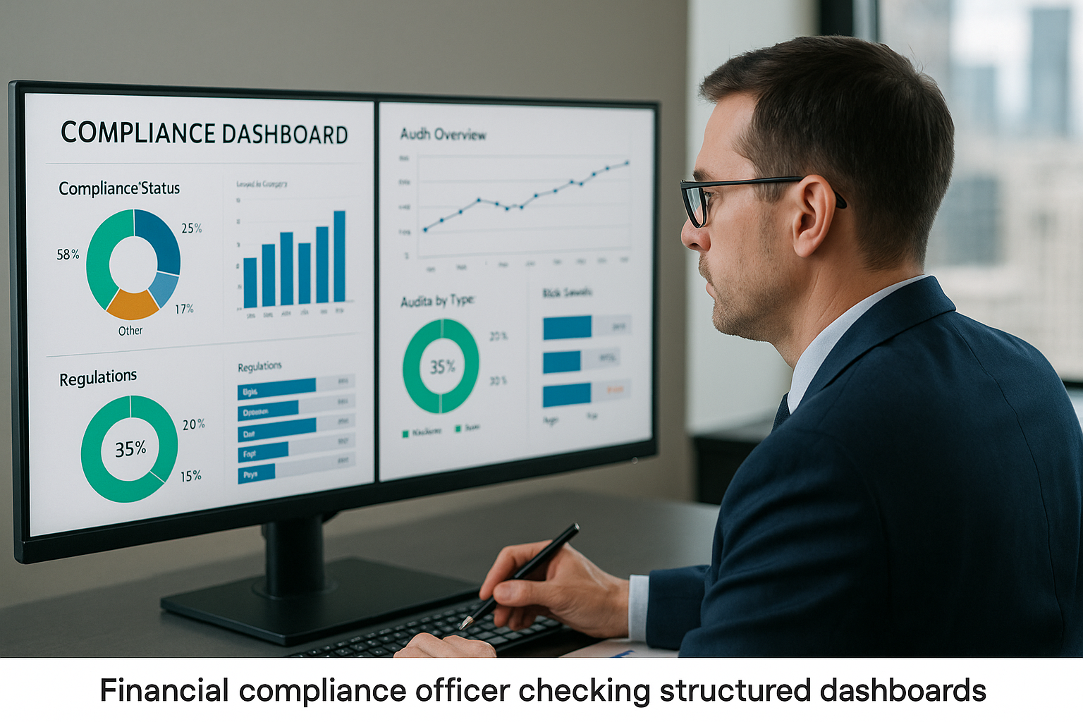 A financial compliance officer analyzes data on dual monitors displaying pie charts, bar graphs, and metrics related to audits and regulations.