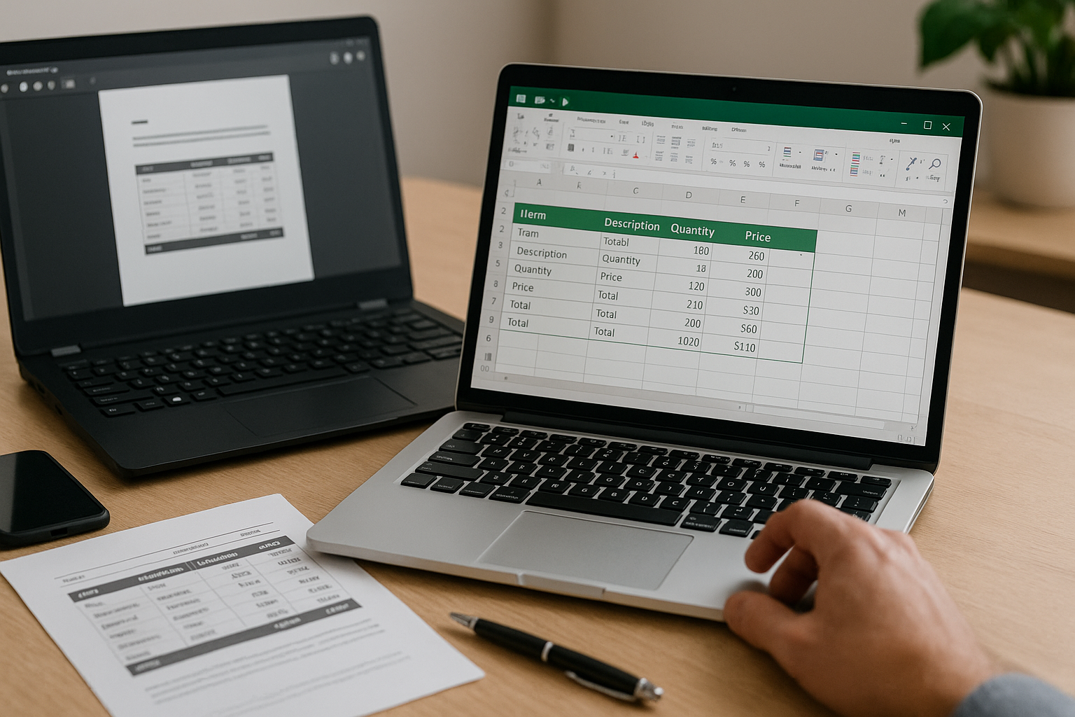 A person works on a laptop displaying a spreadsheet with item data. Another laptop shows a document. A printed sheet and pen lie nearby.