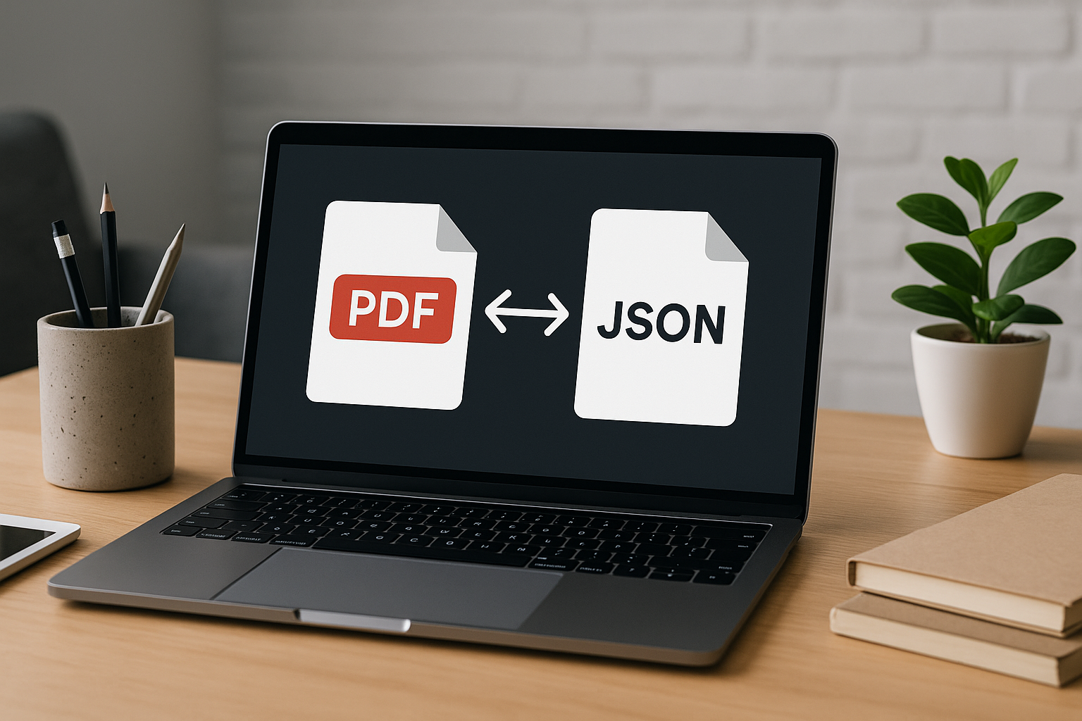 A laptop screen displays icons for PDF and JSON files with a bidirectional arrow, suggesting conversion between the formats. Pencils in a cup and a plant sit nearby.