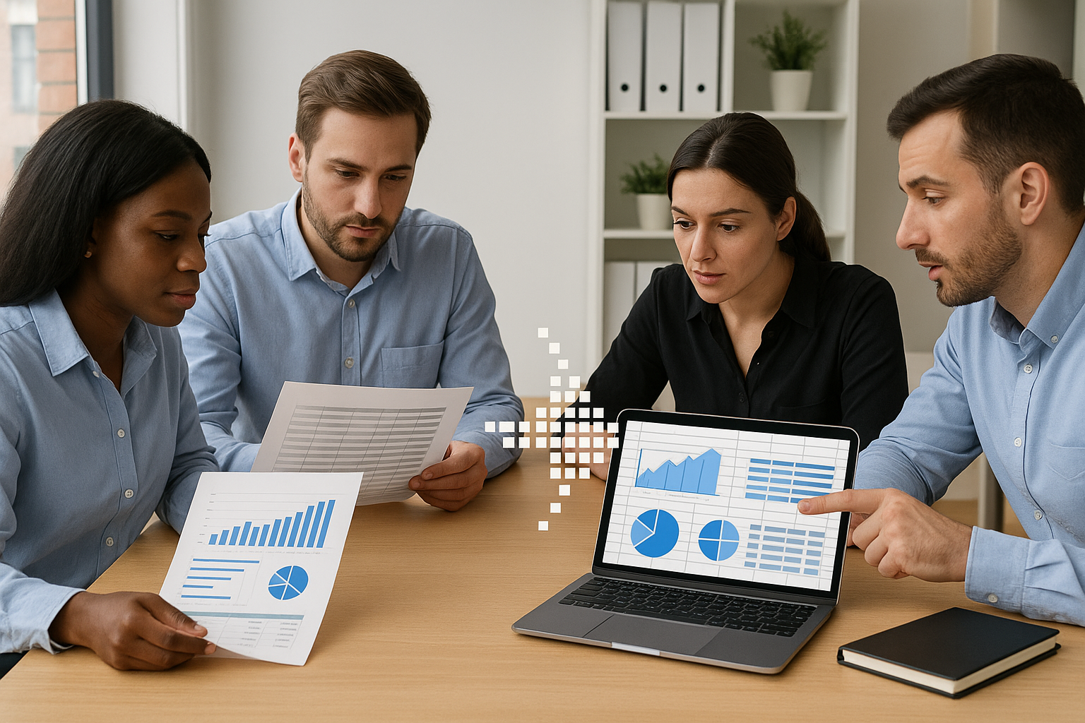 Four colleagues discuss financial graphs at a table, with two holding paper charts and one pointing at a laptop displaying blue data visuals.