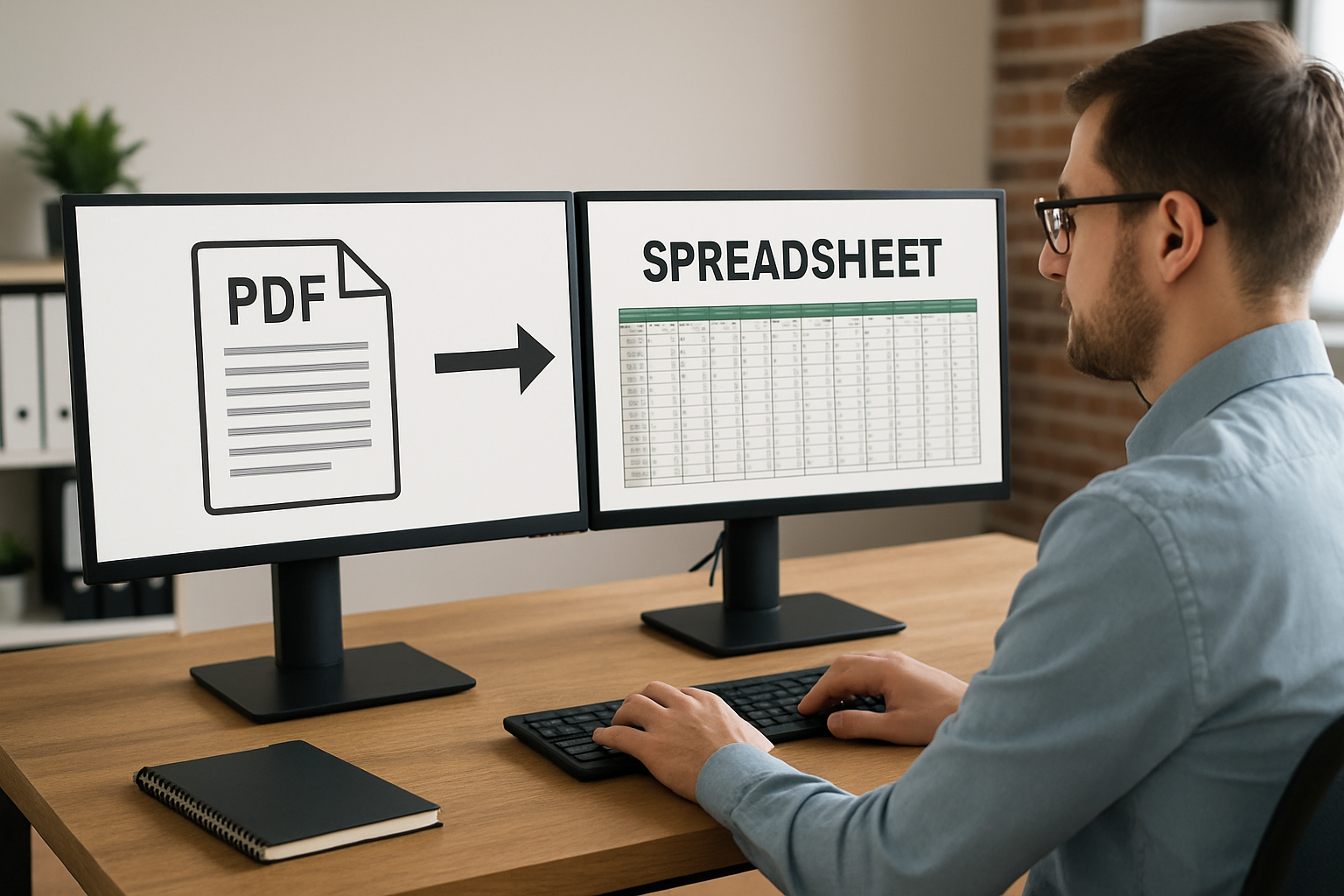 A person wearing glasses types at a desk with two monitors, displaying a PDF converting into a spreadsheet. A notebook lies nearby.