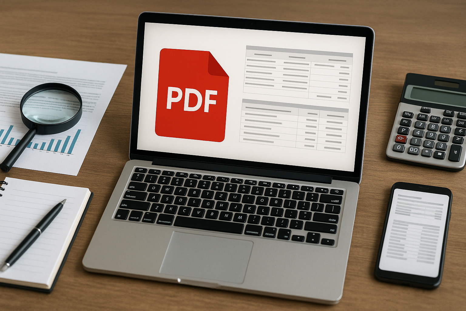 A laptop displays a PDF document with red icon and text, surrounded by a magnifying glass, papers, calculator, phone, and notebook on a wooden desk.