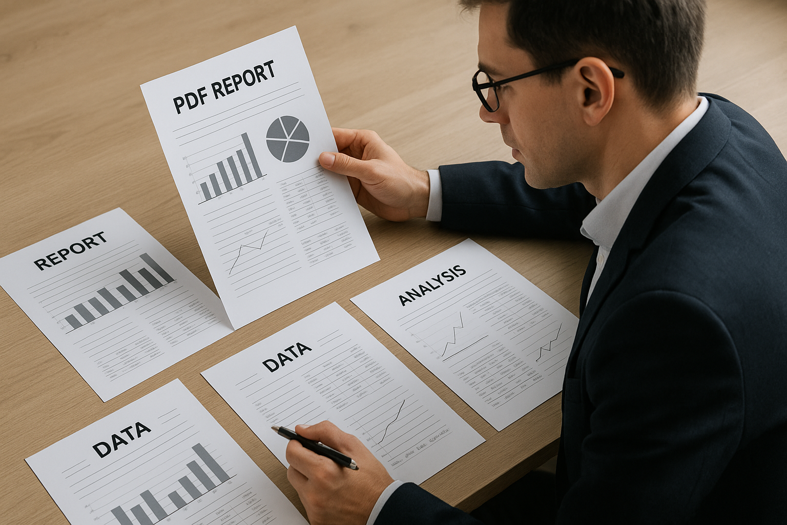 A person in a suit reviews charts and data on reports, including a pie chart and bar graphs, spread across a wooden table.