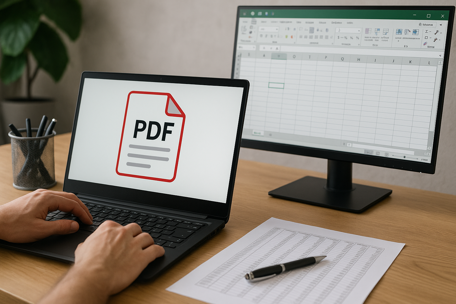 Hands on a laptop with a PDF icon on the screen, next to a monitor displaying a spreadsheet. A paper with data and a pen are nearby.