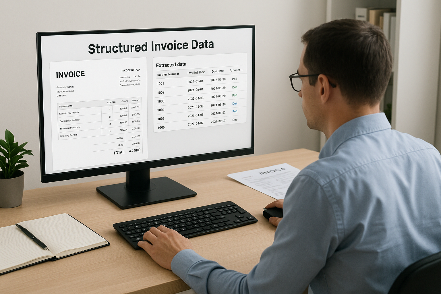 A person in glasses is working at a desk, viewing structured invoice data on a computer screen. Nearby are a notebook, pen, and printed document.