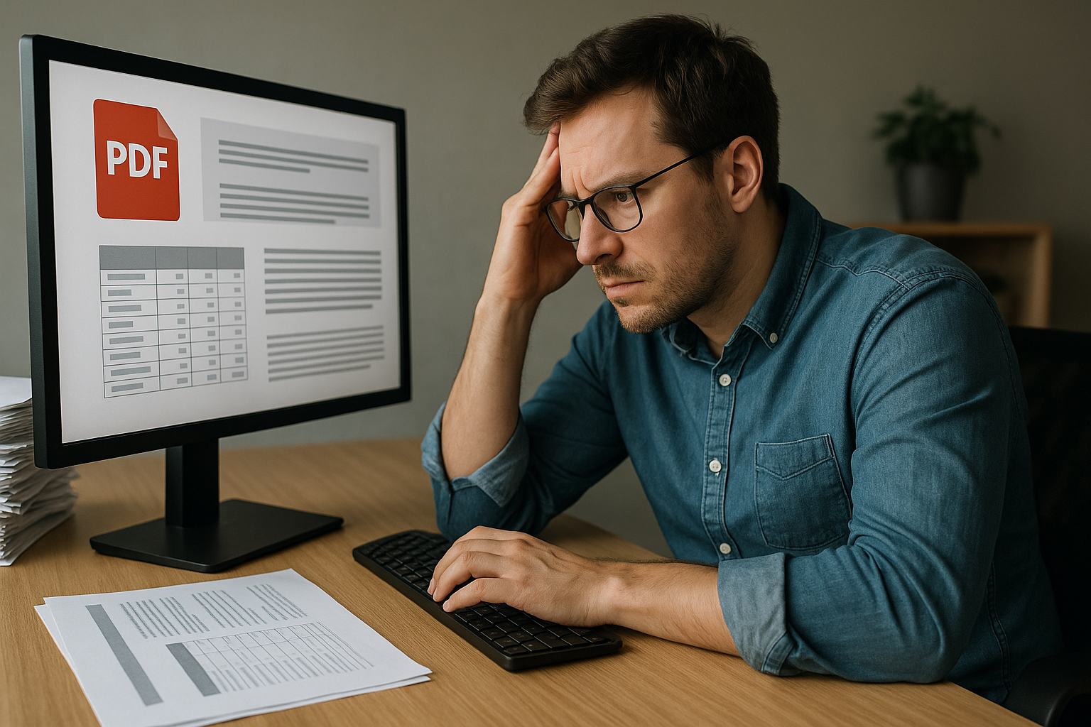A man in glasses and denim shirt looks frustrated while working on a PDF document on the computer. Papers are scattered on the desk.