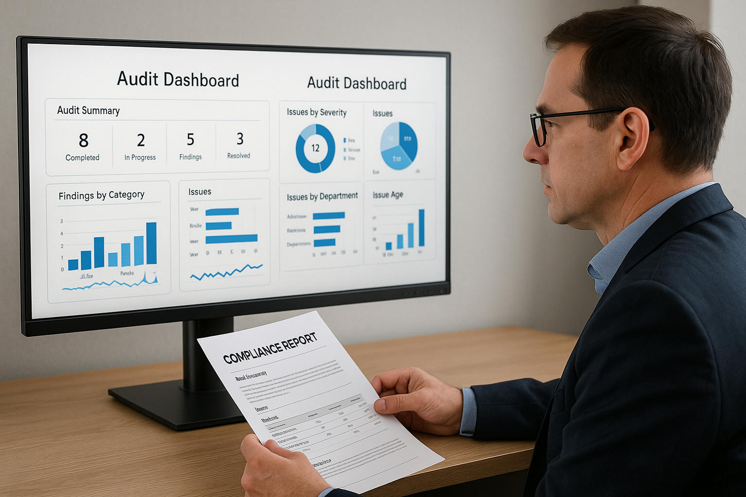 A person in glasses examines a compliance report while viewing a computer screen displaying audit dashboard data including charts and summaries.