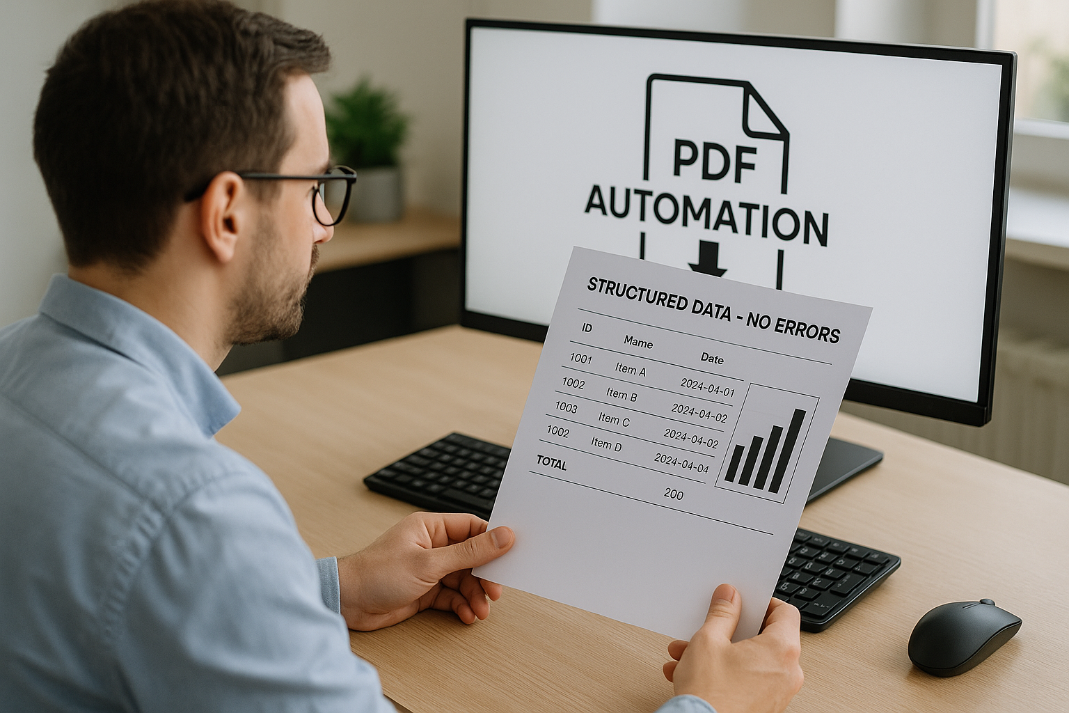A man in glasses examines a document displaying structured data beside a computer screen showing "PDF Automation" in an office setting.