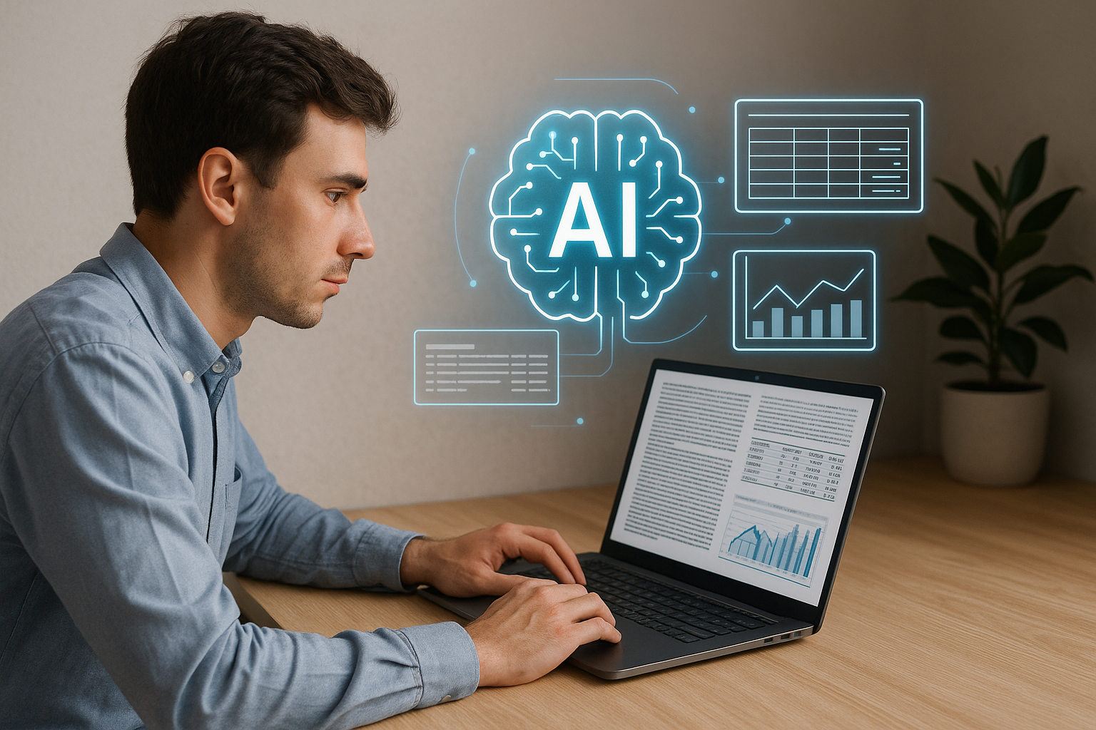 A man in a blue shirt works on a laptop displaying charts and text. Holographic AI graphics hover around him, indicating data analysis.