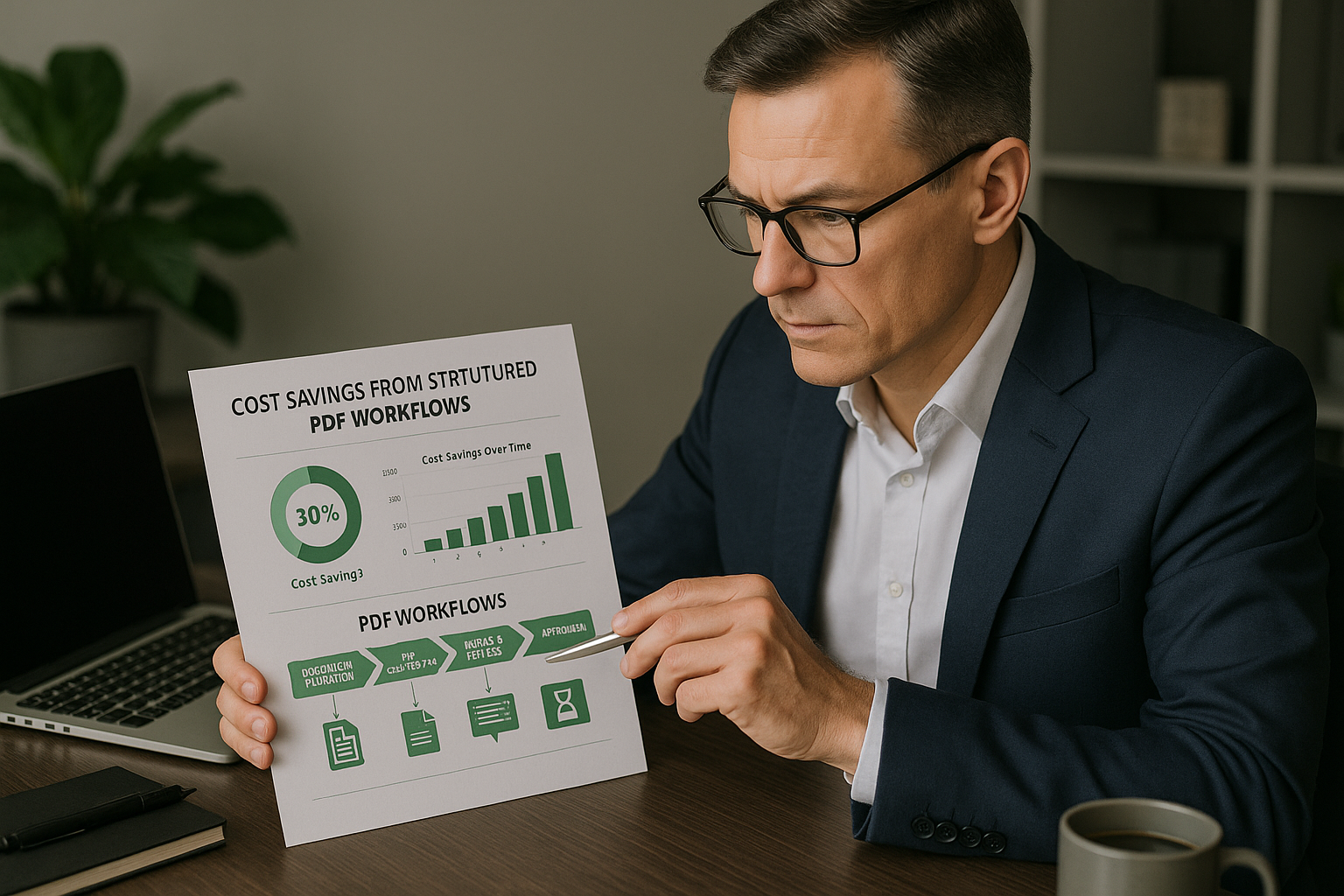 A man in a suit examines a document featuring charts and graphs about cost savings from structured PDF workflows. A laptop and coffee cup sit on the table.
