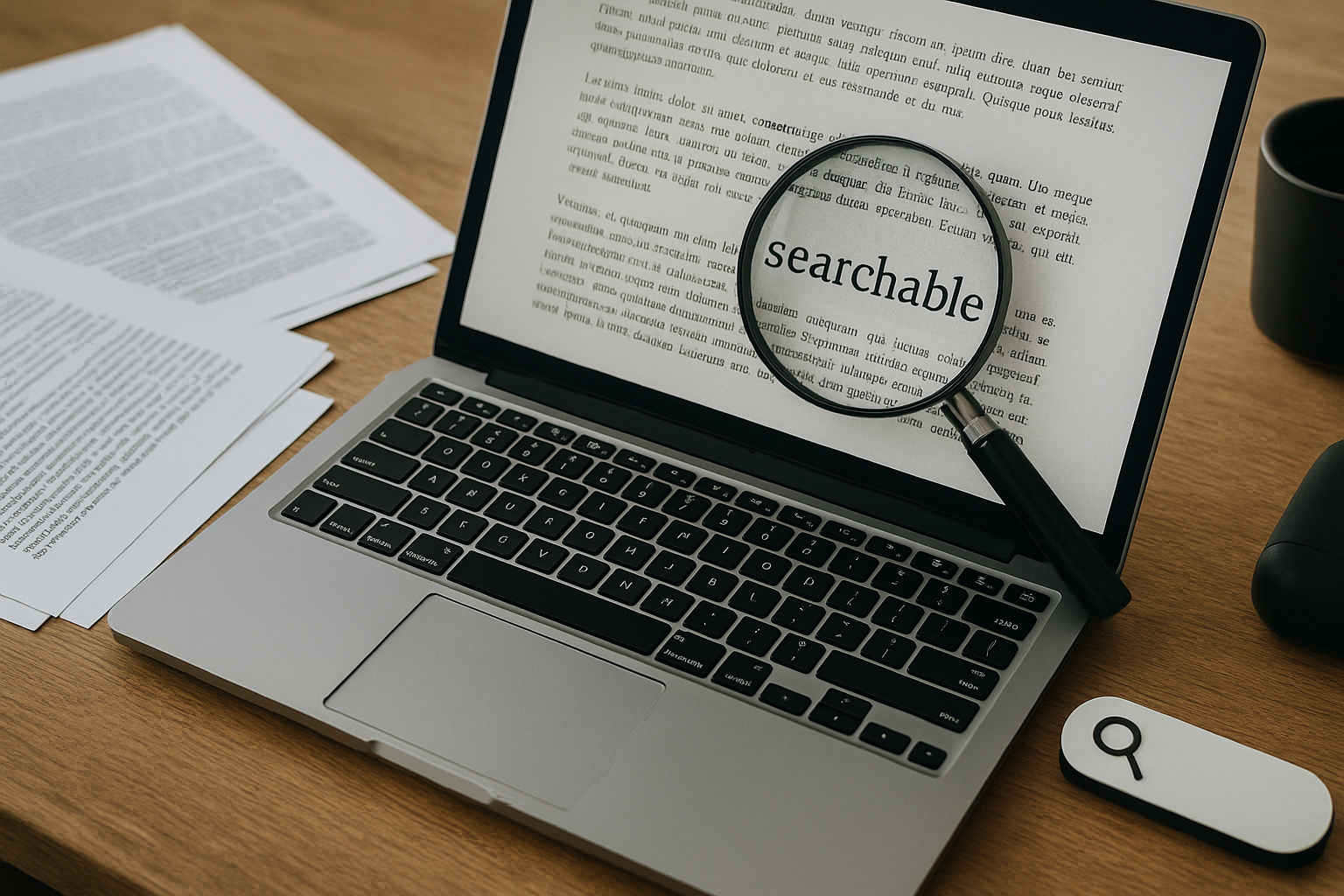 A laptop displays a document with the word "searchable" magnified by a handheld magnifying glass, emphasizing its digital accessibility. Nearby are printed pages, a search icon button, and a mug, contributing to a focused workspace.
